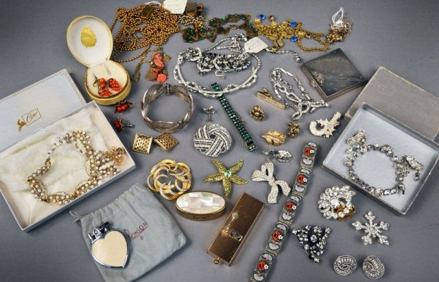 Miscellaneous Group of Vintage and Costume Jewelry: Including a sterling silver compact, mother of pearl lipstick holder, Alexis Bittar necklace, Art Deco brass bead necklace, micro mosaic bracelet, Weiss necklace, Trifari ear clips and brooch, Italian