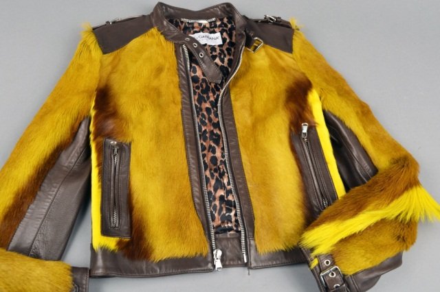Dolce & Gabbana Leather and Pony Hair Jacket: Size XS, with dyed yellow pony hair trim.