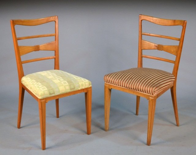 Set of Four Italian Mid Century Dining Chairs: Each, with ladder back, upholstered seat, square tapered legs. Height 35 1/2 inches, width 18 inches, depth 21 inches.