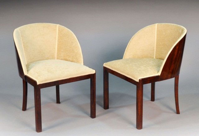 Pair of Art Deco Style Tub Chairs: Beige upholstery. Height 28 inches, width 21 inches, depth 21 inches.
