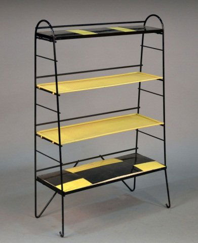 French Metal and Ceramic Open Shelf: Attributed to Mathieu Matégot (French / Hungarian, 1910 - 2001). Four graduated shelves, comprising a black and yellow tile top shelf over two yellow painted metal shelves, and a yellow and black til