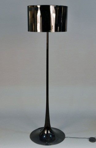 Italian Black Floor Lamp: Black circular shade. Flos label. Height 6 feet.