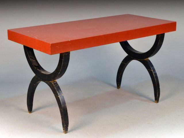 Eugene Printz Style Table: French, circa 1950, rectangular stained wood top on black painted double curule legs. Height 24 inches, width 41 1/4 inches, depth 19 3/4 inches.