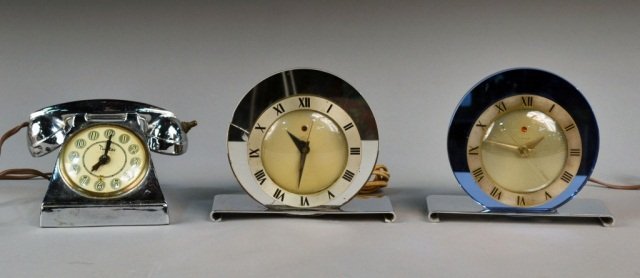 Three Art Deco Style Table Clocks: One, in the form of a vintage telephone, Height 4 1/2 inches.