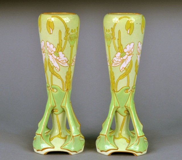Pair of French Art Deco Faience Vases: Marked KG, Luneville, France. Height 11 inches.