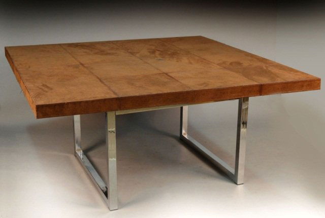 Fendi Casa Leather Clad Dining Table: Exotic brown simulated skin upholstery. Height 30 inches, width 71 inches, depth 71 inches.