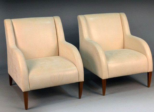 Pair of Fendi Casa Lounge Chairs: Each with cream exotic leather upholstery. Height 36 1/2 inches, width 30 inches, depth 30 inches.