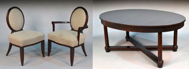 Baker Mahogany Oval Dining Table and Four Chairs: "Ambassador" designed by Barbara Barry, table with two additional leaves, two armchairs and two side chairs with upholstered backs and seats. Chairs, height 38 1/2 inches, armchair, width 29 inches, d