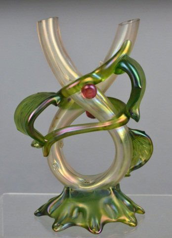 Loetz Iridescent Glass Double Bud Vase: Circa 1930, vine decoration. Height 6 1/4 inches.