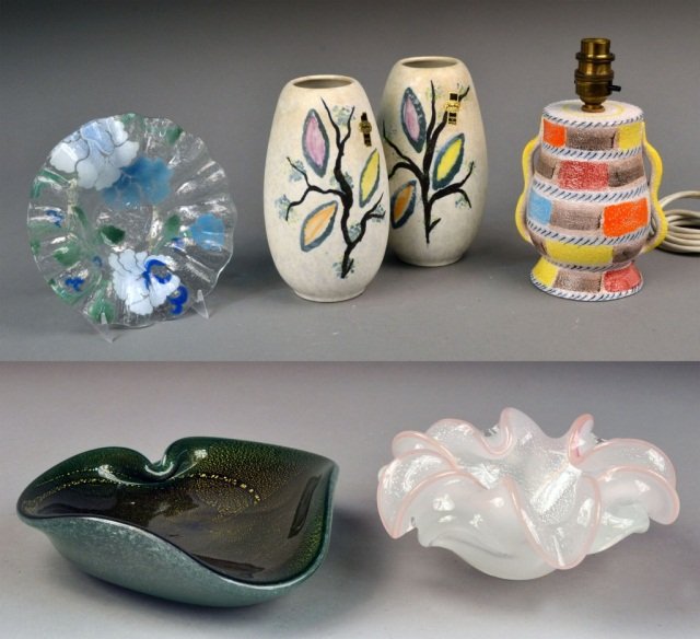 Group of Modernist Ceramic & Glass Items: Comprising two murano glass bowls, an Italian enameled ceramic boudoir lamp, height 6 1/4 inches; a pair of West German enameled ceramic vases, Jasba Keramik, height 7 1/4 inches; a Sydenstricker enam
