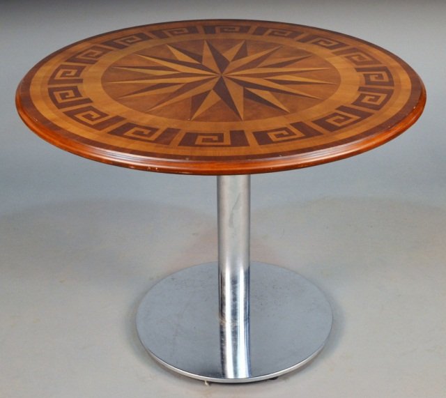 Parquetry Top Pedestal Table: Circular top with inlaid star decoration, chrome base. Height 29 inches, diameter 40 1/2 inches.