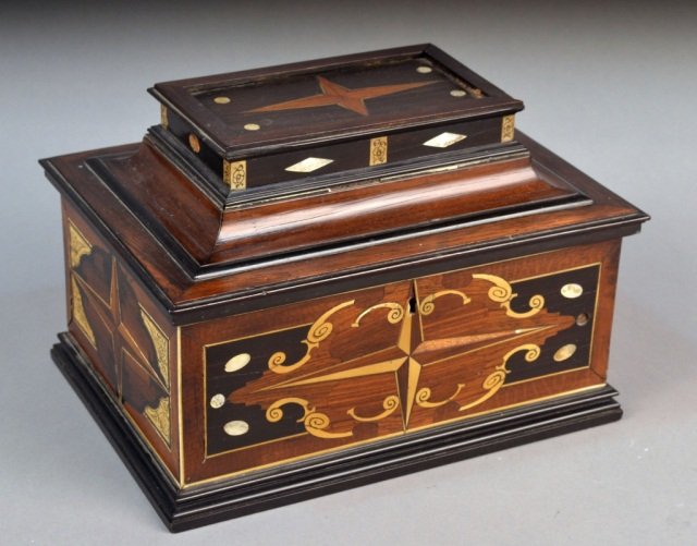 Italian Parquetry Inlaid Box: Late 17th / early 18th century,, geometric design with mother of pearl accents. Rectangular with sliding top superstructure storage. Height 7 1/2 inches, width 11 inches, depth 8 inches.