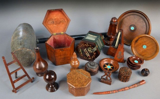 Miscellaneous Group of Decorative Pieces: Including a concertina in original fitted wood box, metronome, large mallet, trays, tea caddy, treen boxes, coasters, etc.
