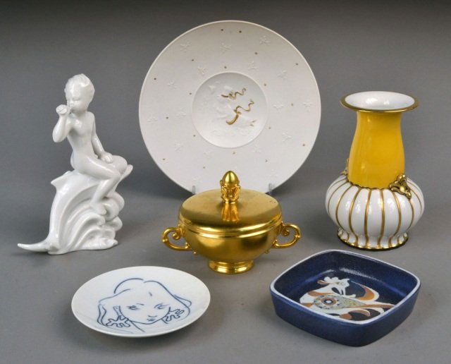 Group of Six European Ceramic Decorative Items: Comprising a Rorstrand porcelain figure of a boy riding a dolphin, designed by Harold Salomon circa 1944; a Behsherzer porcelain Secessionist-style cabinet vase, dated 1920, height 5 1/2 inches; a Ros