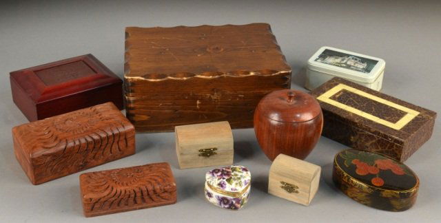 Miscellaneous Group of Decorative Boxes: Including wood, porcelain and composition boxes. Various sizes.