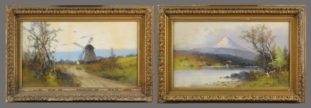 Clarence E. Braley (American, 1854-1927): Pair of Landscapes. Gouache on board. Both signed (l.r.). Each board size 24 1/4 x 14 inches. Framed.