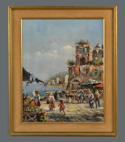 Continental School (20th Century): Coastal Village scene. Oil on canvas. Signed illegibly (l.r.). Canvas size 20 x 16 inches. Framed.