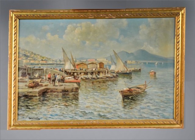Continental School (19th/20th Century): Untitled (Yachts at harbor). Oil on Canvas. Signed illegibly (l.l.). Canvas size 20 x 30 1/2 inches. Framed.