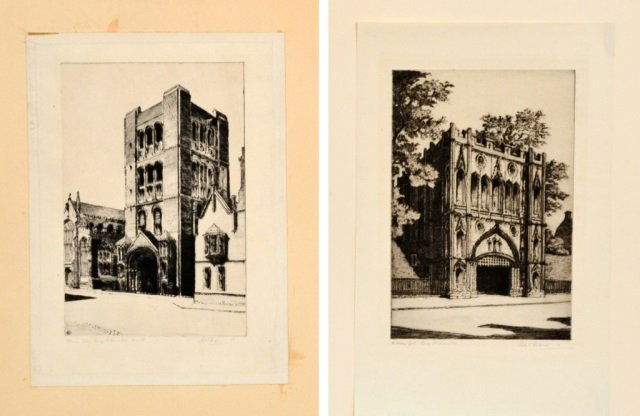 Sybil Andrews (Canadian, 1898-1992): (1) The Abbey Gate, Bury St. Edmonds. Engraving. Signed in pencil (l.r.), titled (l.l.). Plate size 8 7/8 x 6 inches. (2) Norman Tower, Bury St. Edmunds. Engraving. Signed in pencil (l.r.), titled (l.