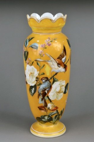 Opaline Glass Vase: Bird and flower decoration. Height 17 3/4 inches.