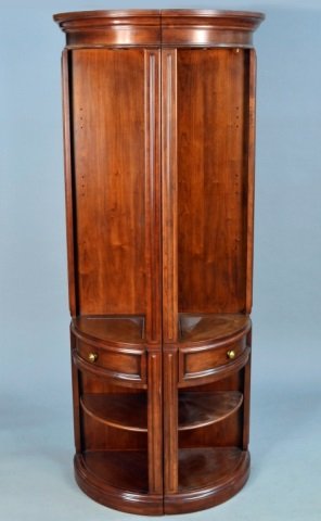 Pair of Fruitwood Corner Shelves: Each with molded cornice over open shelves. Height 6 feet 10 inches, width 23 inches, depth 16 inches.