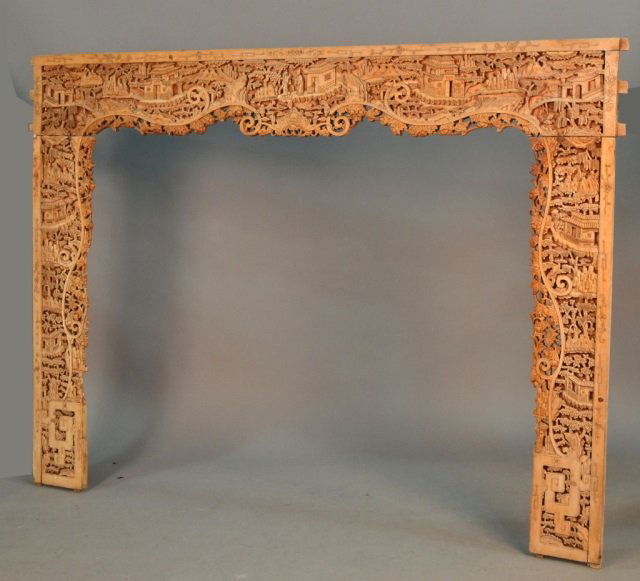 Indian Carved Wood Headboard: Elaborate decoration of stylized flowers. Width 6 feet 10 inches.