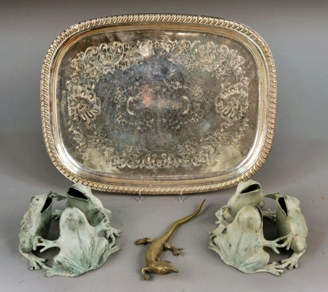 Metal Frogs, Lizard and Tray: Silver plated serving tray, pair of frog stands, brass lizard. Tray, length 18 inches.