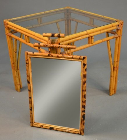 Glass Top Bamboo Table and Mirror: Square glass top game table, height 29 3/4 inches, width 30 1/4 inches, depth 30 1/4 inches; together with a wall mirror, 32 x 18 1/4 inches.