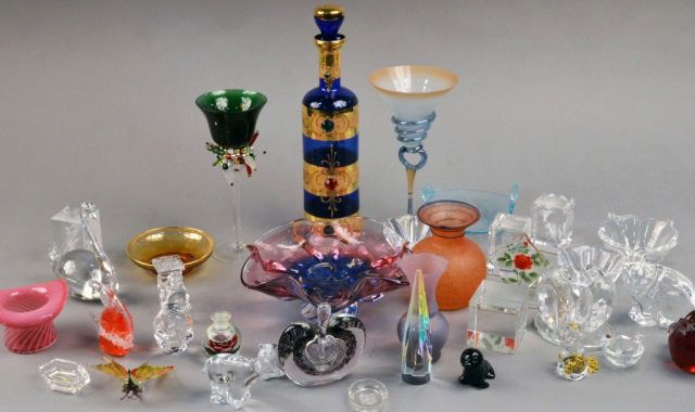 Miscellaneous Group of Glass Decorations: Including a Waterford cat, a Steuben monkey hand warmer, pair of Orrefors dishes, etc.