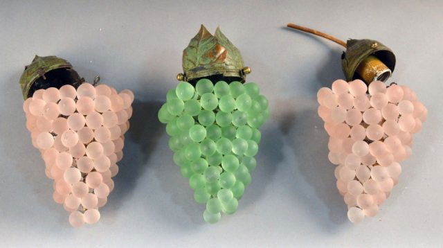 Set of Three Frosted Crystal Fixtures: In grape cluster motif. Height 10 inches, diameter 7 inches.