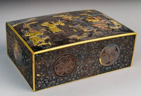 Japanese Bronze Box: 19th century, mixed metal decoration of musicians under bamboo. Height 5 inches, width 12 1/4 inches, depth 8 1/4 inches. Property from a Distinguished New York Collection. Provenance: Sotheby's S