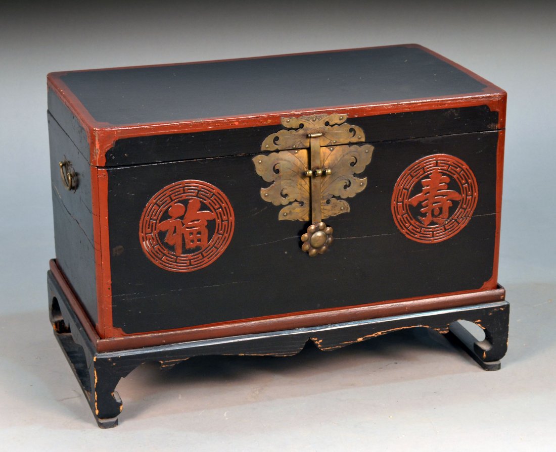 Asian Style Chest: Black with red trim. Height 18 inches, width 25 1/2 inches, depth13 3/4 inches.