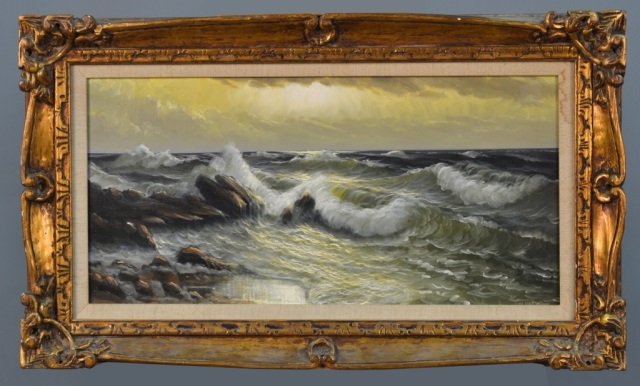 Continental School (20th Century): Seascape. Giclee on canvas. Signed illegibly (l.r.). Canvas size 12 x 24 inches. Framed. Provenance: Estate of Leo Barrile, Leo's Antiques in Bensonhurst NY