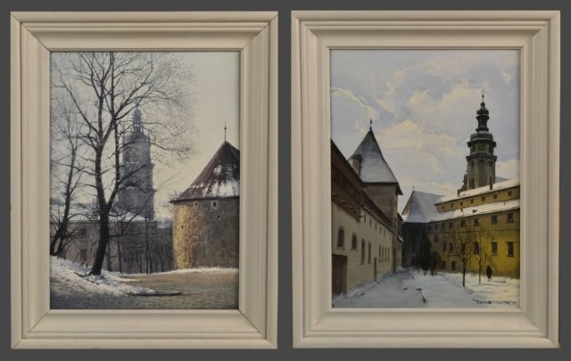 Sergey Ponomar (Ukraine, 20th Century): (1) The Architecture of Ukraine. Oil on canvas. Attributed and titled (verso). Canvas size 14 3/4 x 11 inches. Framed. (2) The Architecture of Ukraine. Oil on canvas. Attributed and titled (verso). Ca