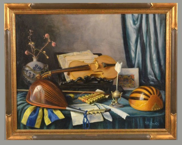 Walter Benoldi (Italian, b. 1914) *: Still life with violin. Oil on canvas. Signed (l.r.). Canvas size 28 x 35 1/2 inches. Framed.
