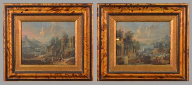 Pair of Paintings (Continental School, 19th C.): Each depicting a seaside village. Oil on board. Each sight size 6 1/8 x 7 3/4 inches. Framed.