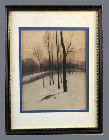 Eliot Candee Clark (American, 1883-1980): Winter in the woods. Watercolor on paper. Signed (l.r.). Sight size 8 x 6 1/2 inches. Matted and framed.