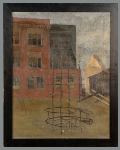 Gary Michael (American, b. 1937): School Playground. Oil on canvas. Signed (l.r.). Canvas size 28 x 22 inches. Framed.
