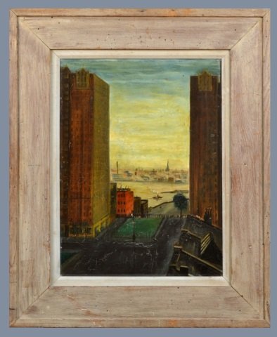 Margit Varga (American, born after 1908): New York. Oil on board, 1939. Attributed and dated (verso). Board size 24 x 18 inches. Framed.