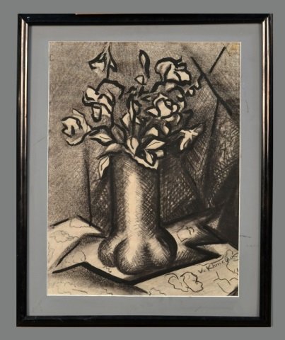 Vasyl Khmeluk (Ukranian/French, 1903-1986): Still life. Charcoal on paper. Signed (l.r.). Sight size 20 1/4 x 15 1/4 inches. Matted and framed.