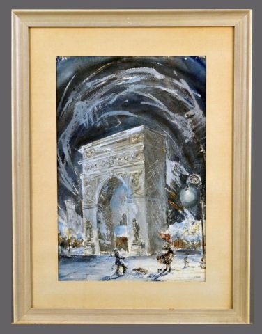 After Robert Lebron (American, b. 1928): The Arc de Triumph at Washington Square Park. Gouache on paper. Signed "Lebron" (l.r.). Sight size 20 1/2 x 13 1/2 inches. Matted and framed.