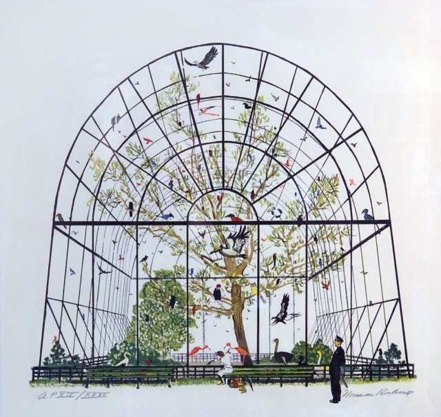Norman Rockwell (American, 1894-1978): Aviary. Lithograph on japon paper, 1971. Signed in pencil (l.r.), numbered AP XIV/XXXV (l.l.). Sight size 18 x 19 inches. Matted and framed.
