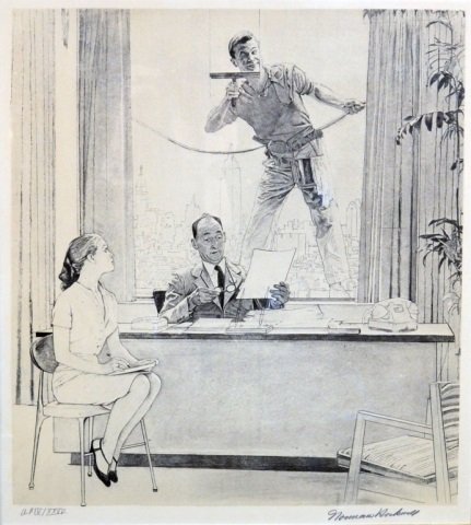 Norman Rockwell (American, 1894-1978): Window Washer. Lithograph on Japon paper, 1960. Signed in pencil (l.r.), numbered AP IV/XXXV (l.l.). Sight size 21 x 19 inches. Matted and famed.