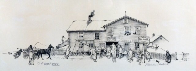 Norman Rockwell (American, 1894-1978): Blacksmith Shop. Lithograph on Arches paper, 1971. Signed in pencil (l.r.), numbered AP IV/XXV (l.l.). Sight size 11 x 29 inches. Matted and framed.
