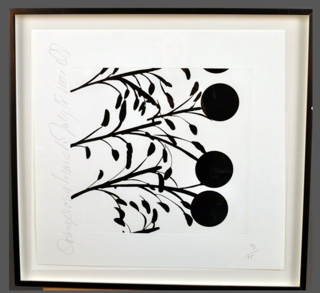 Donald Sultan (American, b. 1951): Oranges on a branch. Lithograph on paper, July 18th, 2001. Initialed, titled and dated (m.l.), numbered 3/35 (l.r.). Sheet size 20 x 21 inches. Mounted and framed.