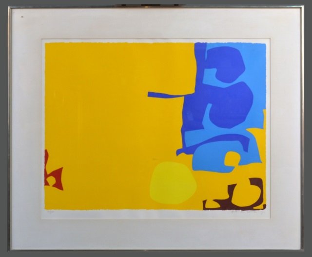 Patrick Heron (British, 1920-1999): Blues Dovetailed in Yellow. Color Silkscree, 1970. Signed (l.r.), numbered 13/100 (l.l.). Sight size 31 1/2 x 25 inches. Matted and framed.