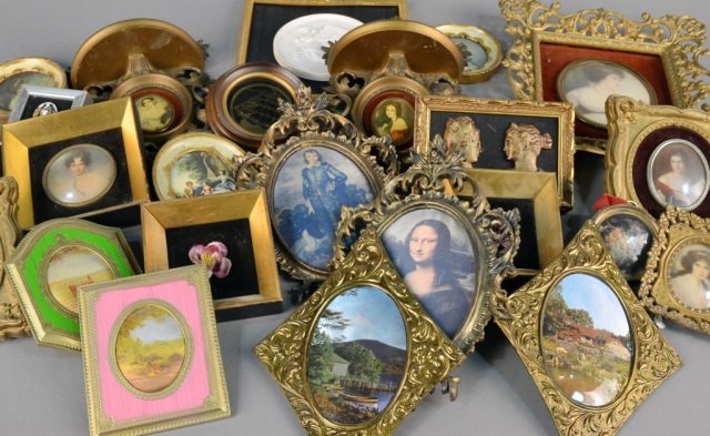 Group of Decorative Pictures: Mostly portrait miniatures, some in gilt metal or gilt wood frames, various small sizes. Provenance: Estate of Leo Barrile, Leo's Antiques in Bensonhurst NY
