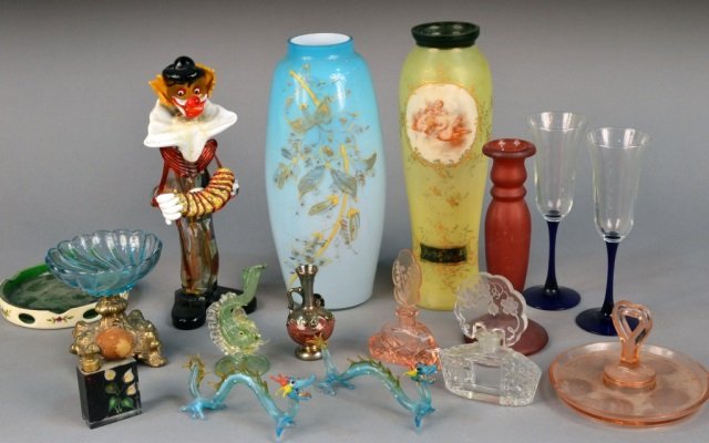 Miscellaneous Group of Colored Glass Decorations: Including three vases, a candlestick, two perfume bottles, a pair of dragons, etc. Provenance: Estate of Leo Barrile, Leo's Antiques in Bensonhurst NY