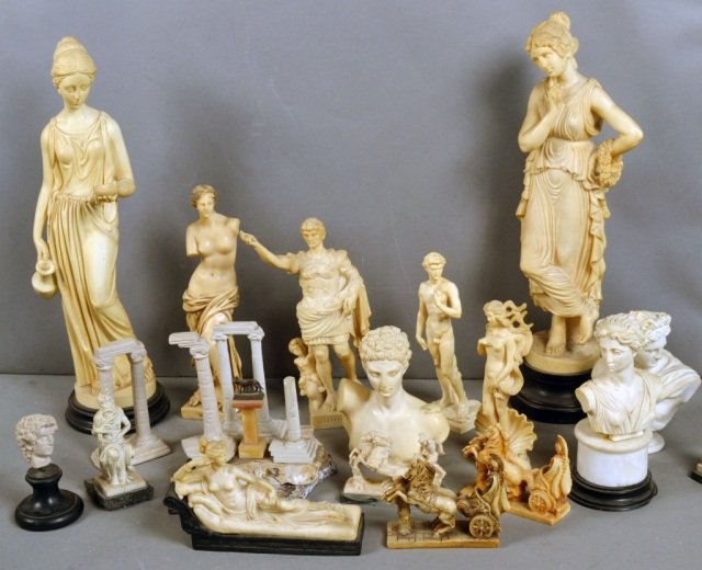 Group of Classical Composition Figures: Including reproductions of famous sculpture and figures from antiquity. Tallest height 25 inches. Provenance: Estate of Leo Barrile, Leo's Antiques in Bensonhurst NY
