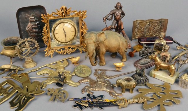 Miscellaneous Group of Metal Decorations: Including a clock, daggers, assorted brass figures, etc. Provenance: Estate of Leo Barrile, Leo's Antiques in Bensonhurst NY
